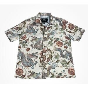 Rebel Vengeance Dragon Floral Print Button Up Shirt Boho Asian Style Men Size 2X